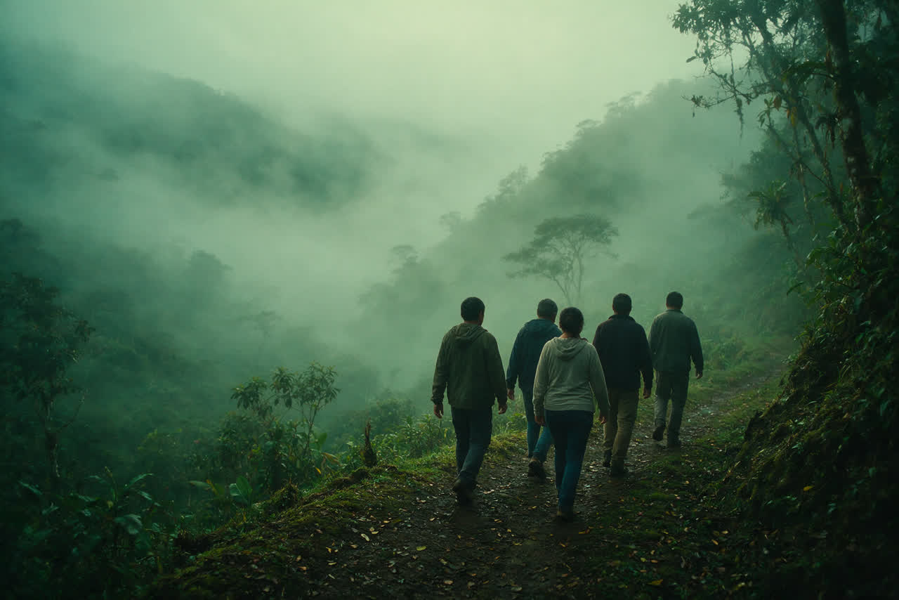 Grupo caminando entre la niebla
