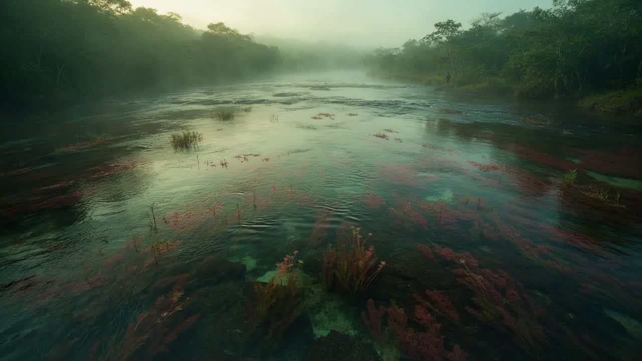 Río de aguas cristalinas con plantas rojas